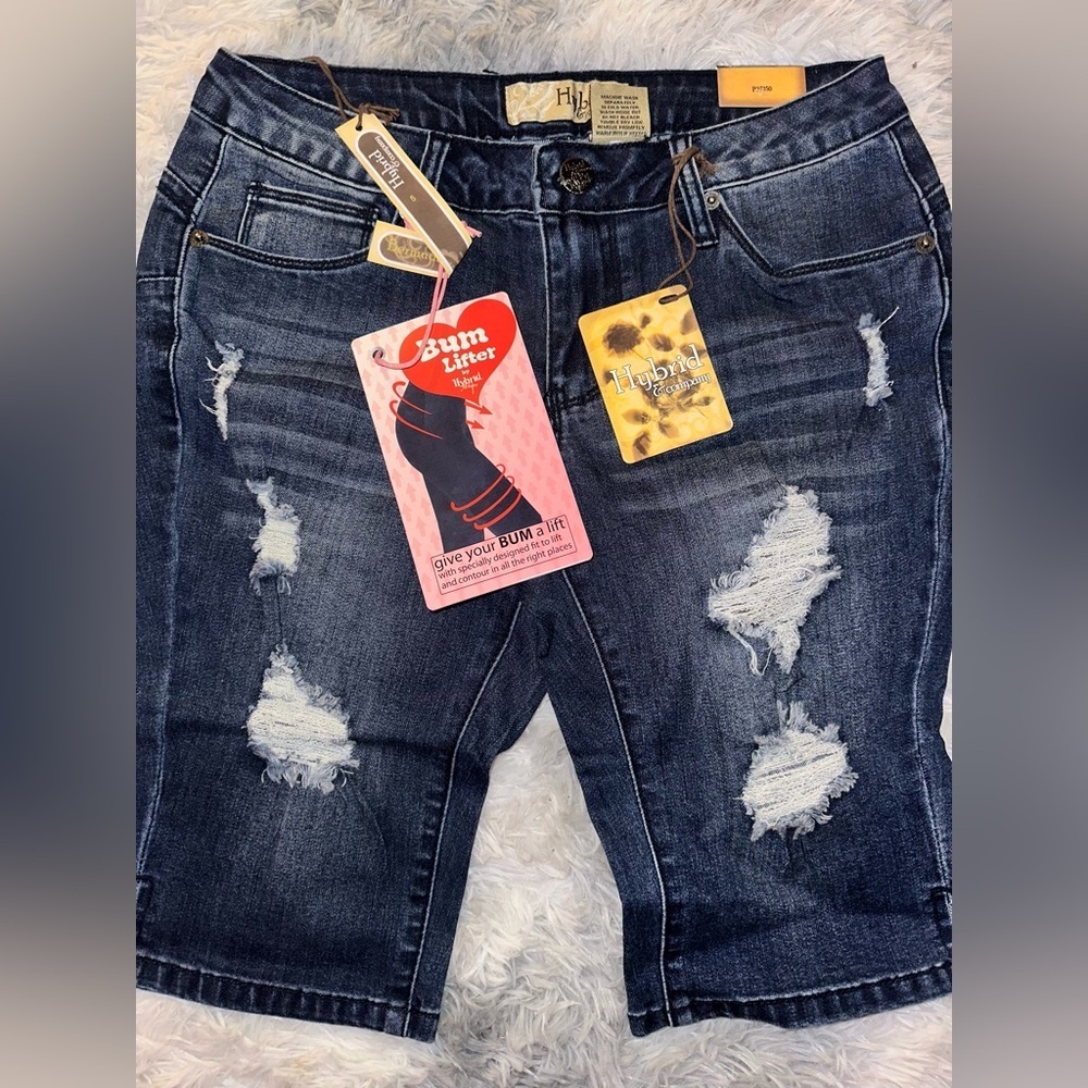 Hybrid & Company Bum Lifter Distressed Dark Wash Bermuda Jean Shorts - NWT Size5